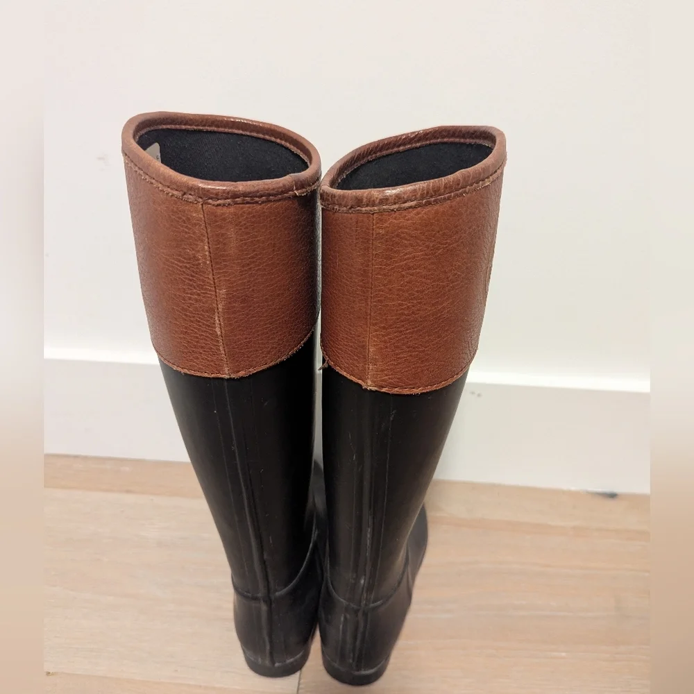 Tory Burch Neutral Black Brown Tall Classic Everyday Old Money Chic Rain Boots 7